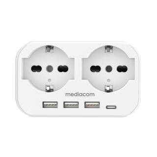 Mediacom MD-PM107 Multipresa 2*Schuko 16A 3*USB-A 5V 2.4A 1*USB-C 5V 3A Bianco